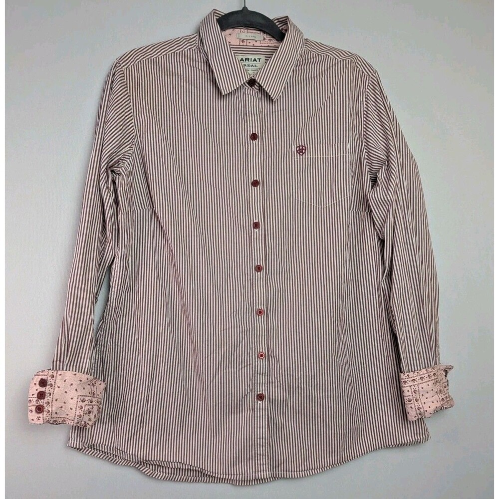 Ariat Real Fitted Long Sleeve Women's Blouse Sz XL Southwest Stripes Burgundy